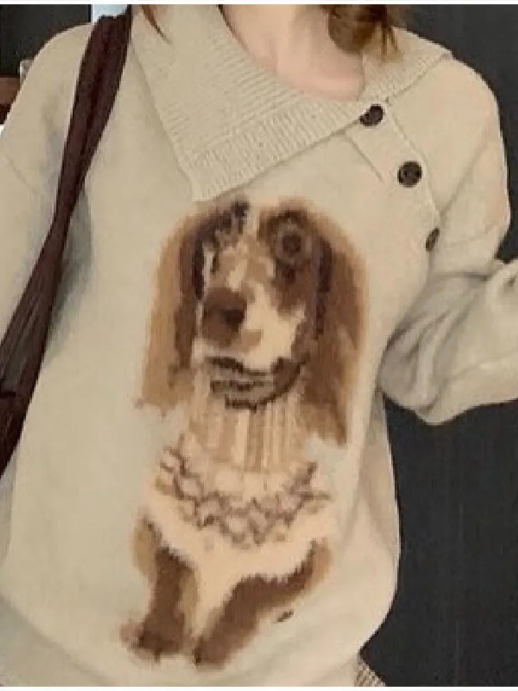 

Cute Puppy Dog Pattern Oblique Neck Pullover Long Sleeve Lapel Knitted Sweater Lovely Casual Warm Soft Top 2025 Fall Winter Tops