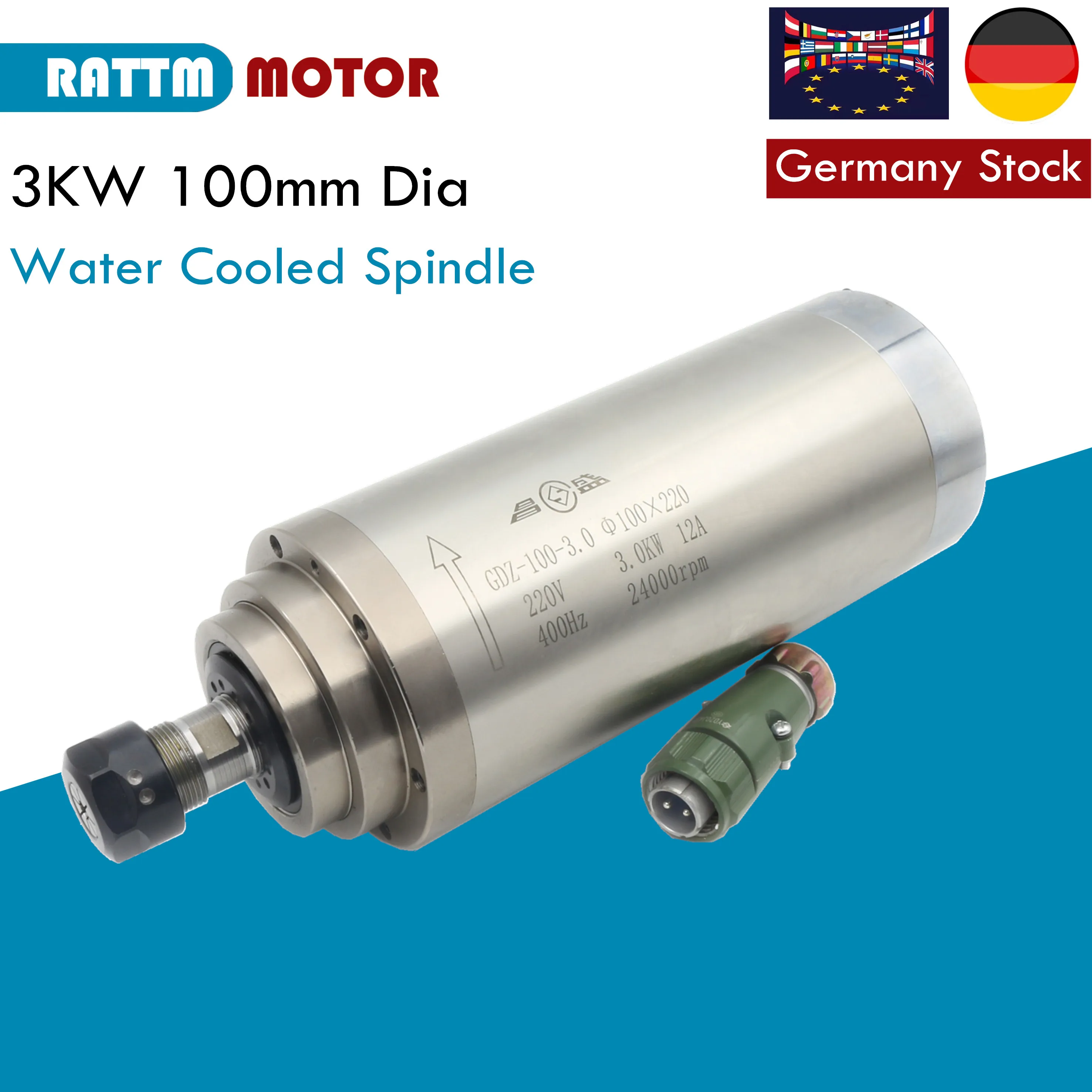 【US/EU Stock】RATTMMOTOR 3KW 12A 220V CNC Water Cooled Spindle Motor ER20 4Bearing 100x220mm 400HZ 3-Phase For CNC Router Engrave