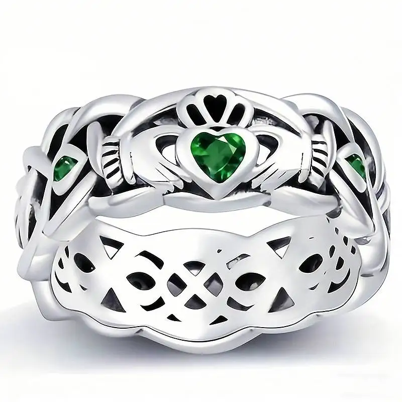 Huitan Kronen-Design Damen Silberfarbener Ring mit Hellgrünem Herz-CZ Vintage-Accessoires Party-Schmuck für Damen