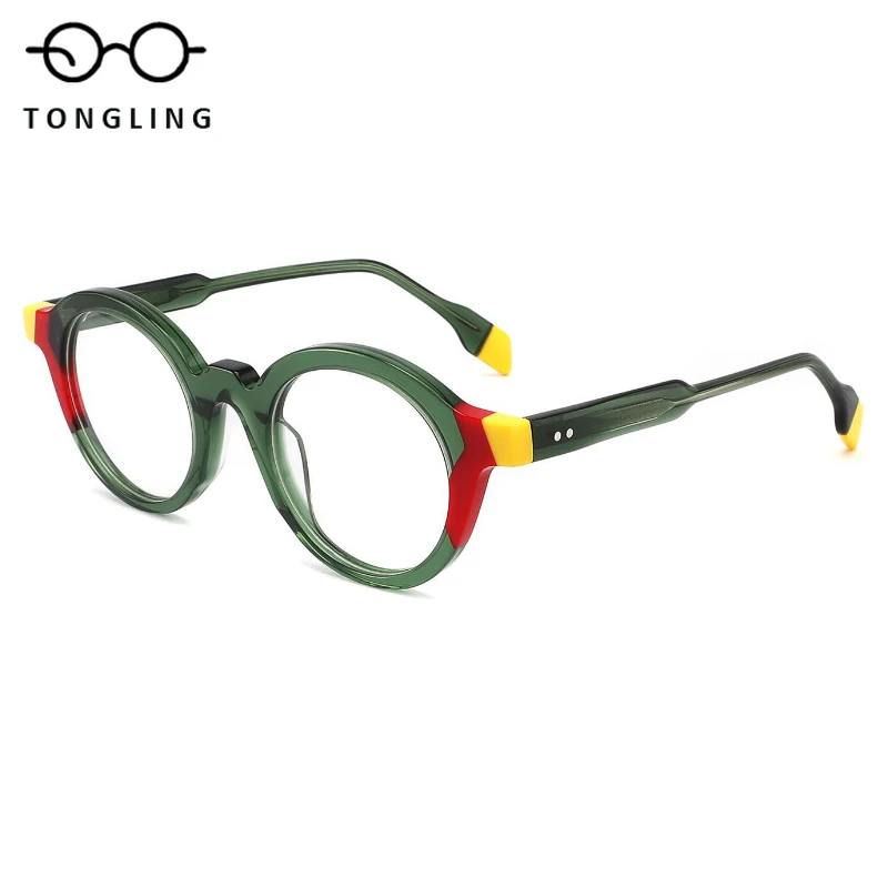 

New fashionable women colored high-quality acetate patchwork retro men round spectacle frame supports custom prescription lenses
