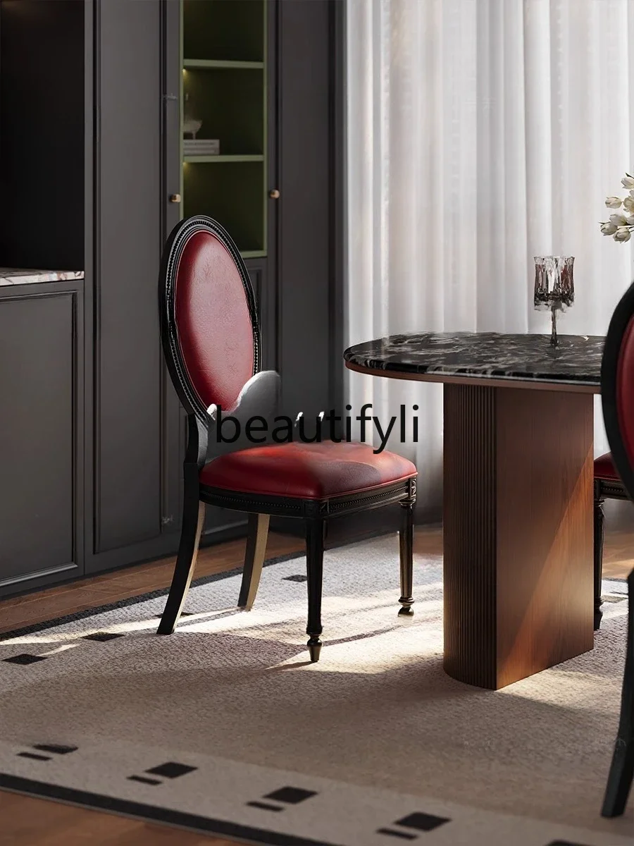 

A16 French luxury stone antique dining table and chair combination oval American marble solid wood dining table