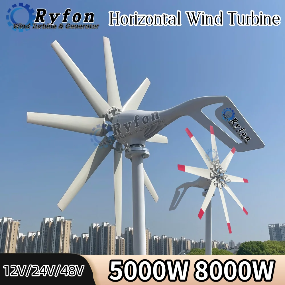 Freie Energie 5KW 8KW 12V 24V 48V Horizontalachsen-Windturbine Permanentmagnet-Generator 3-Phasen-Wechselstrom Off-Grid-System für Haus und Boot