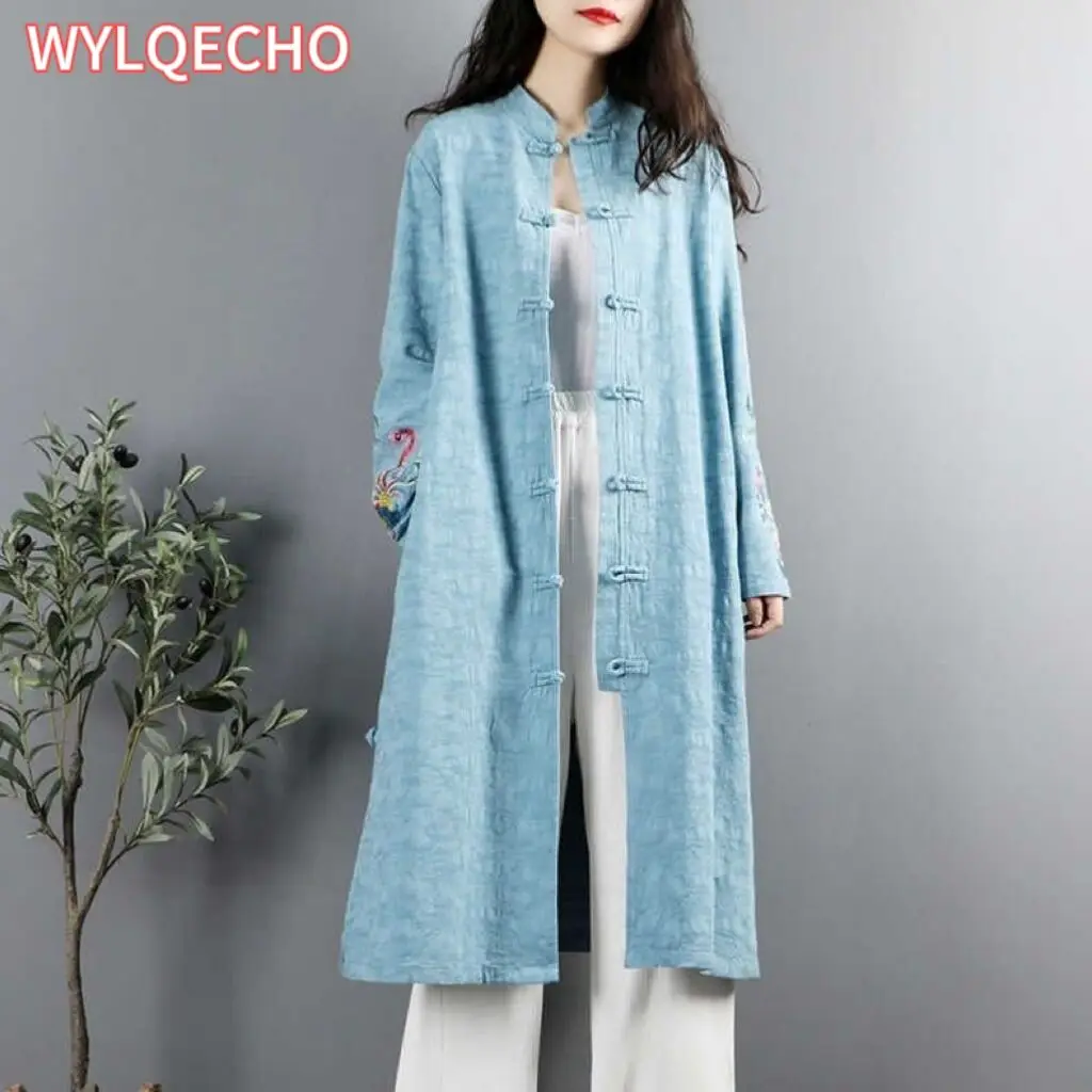 2024 traditional chinese vintage hanfu tops national flower embroidery coat tea service cotton linen jacket ethnic cardigan