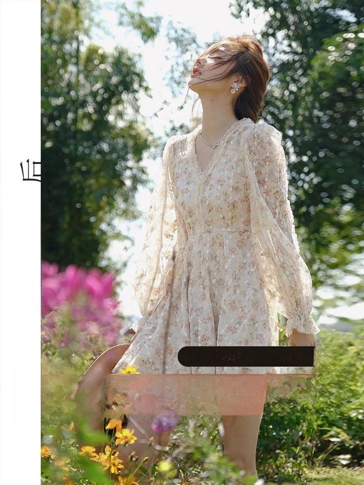 

Fairy Tea Break Skirt Floral Print Chiffon Short Dress Vintage Style Long Sleeve High Waist A-Line Dress for Spring Season
