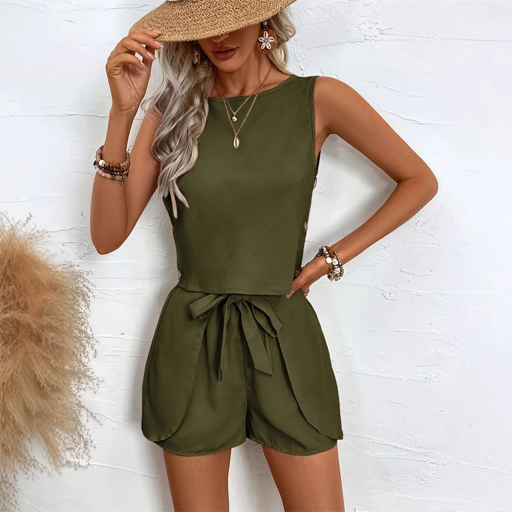 

Women Sleeveless 2 Pieces Sets Casual Simple Button Pockets Short Pant with Shirts Tops 2024 Summer Fashion Suit Female Outfits