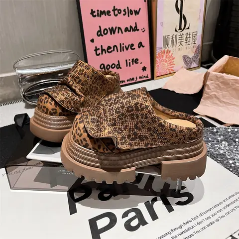 여성 슬리퍼 랩 어라운드 하프 슬리퍼 라인 석 패션 레오파드 프린트 두꺼운 바닥 Birkenstocks 여성 샌들