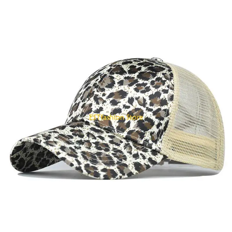 

Y5GC Women Summer Mesh Back Ponytail Messy Baseball Vintage Leopard Stripes Printed Adjustable for Snapback Trucker