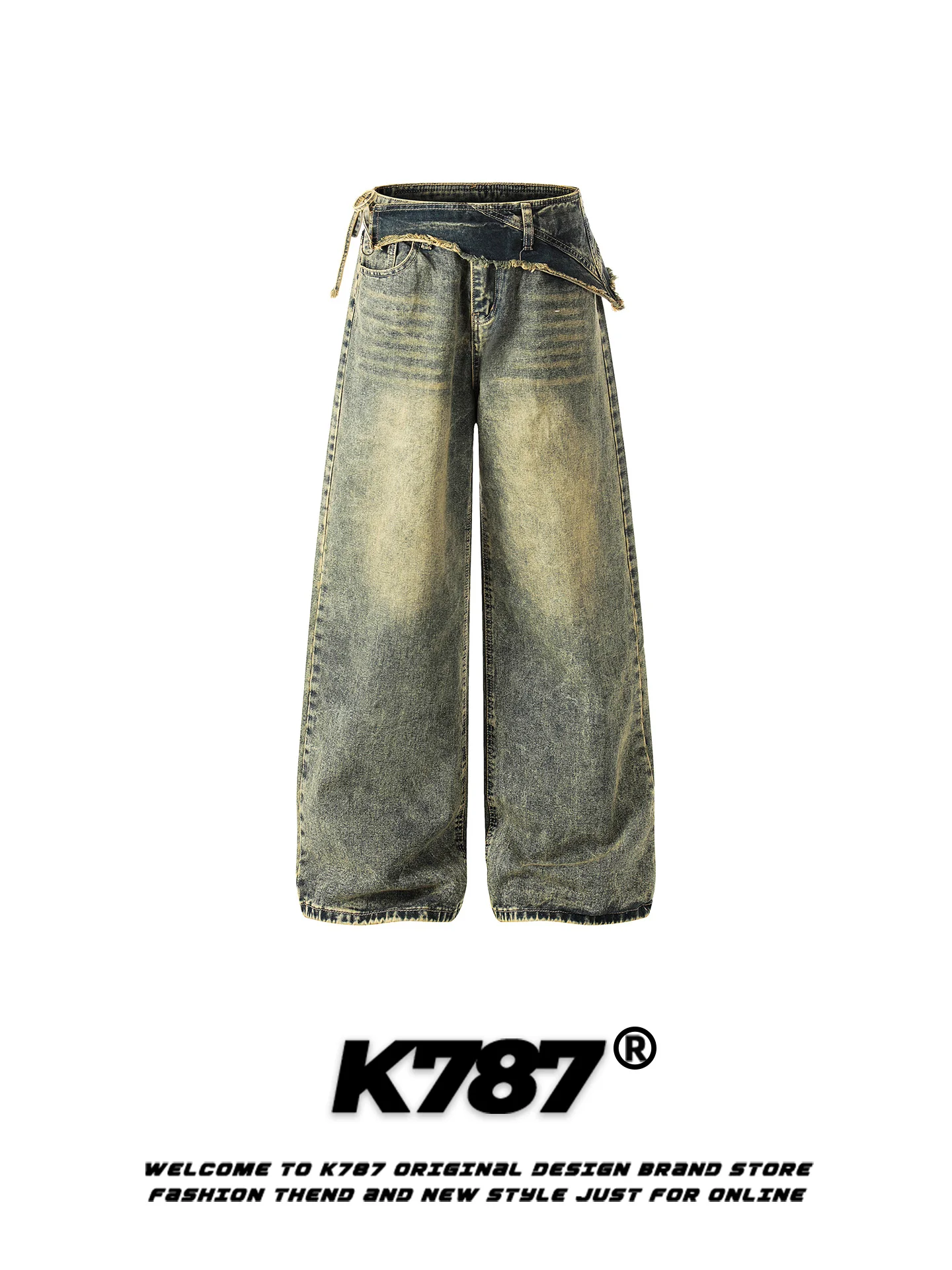 

K787 American Retro Washed Distressed Uneven Jeans Women's High Waist Hole Casual Wide Leg Floor-Length Pants