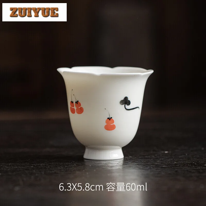 2pc/lot Reverse White Handmade Master Cup Handpainted Persimmon Teacup Antique Flower Mouth  Cup Smelling Cup Tea Ceremony 60ml