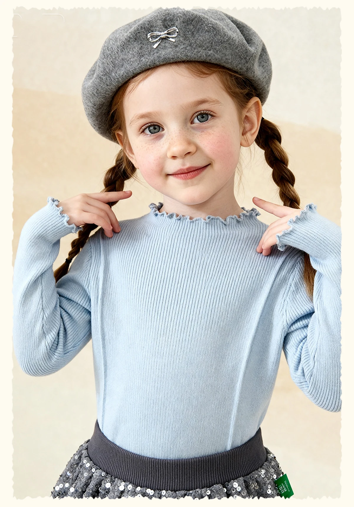 Amila Kids 2026 Winter Mädchen Strickshirt Top Grau Rosa Reisrot Schwarz Rüschen Halbhoher Kragen Weich Nicht hautverletzend – Detail 18