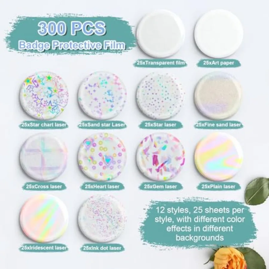 Pcs Badge Protective Film, Button Maker Supplies Glittering Film, with 1 Gasket, 10 Styles Holographic Glitter Film, 1 Style Cl