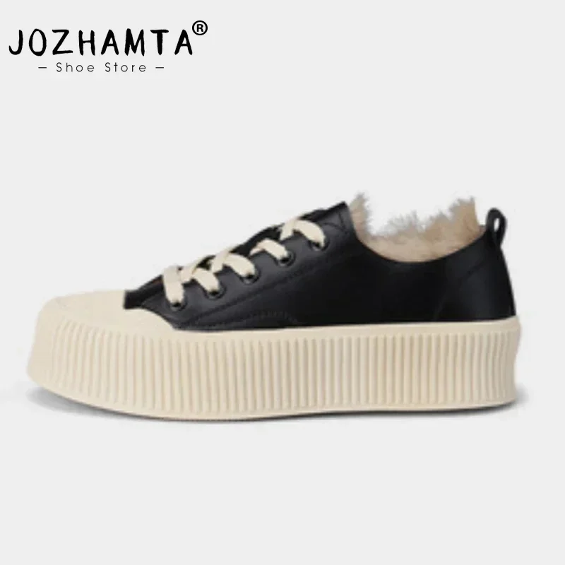 JOZHAMTA Size 35-40 Women Sneakers Real Leather Winter Warm Fur Platform Shoes For Women Lace-Up Plush Thick Sole Skateboard