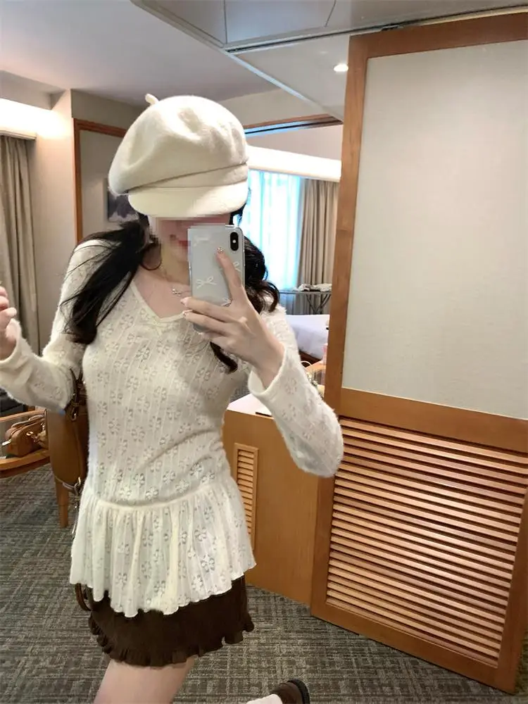 American Style Long Sleeve Lace Hollow out Knitted T-Shirt Women's Slim Fit Base Layer Sweet And Spicy Girl Top Spring Autumn...