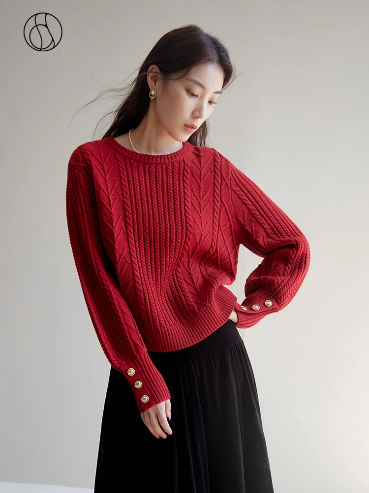 DUSHU Gentle Wind Sweet Simple Cable Texture Sweater for Women Winter Chic Round Neck 13.2% Wool Sweater Pullover Female