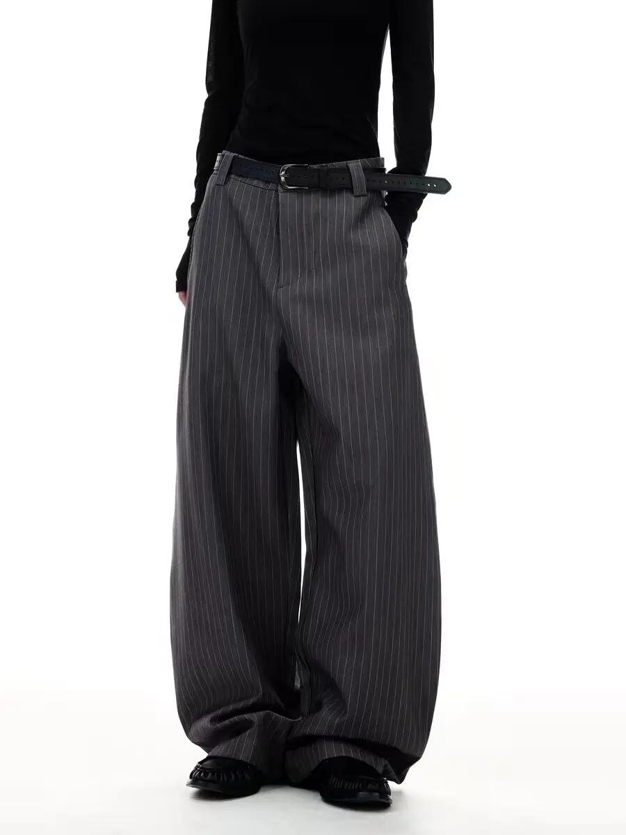 Women Dark Grey Striped Baggy Urban Suit Pants Y2k Long Pants Harajuku Oversize Long Pants Grunge Hiphop Vintage Trousers Autumn