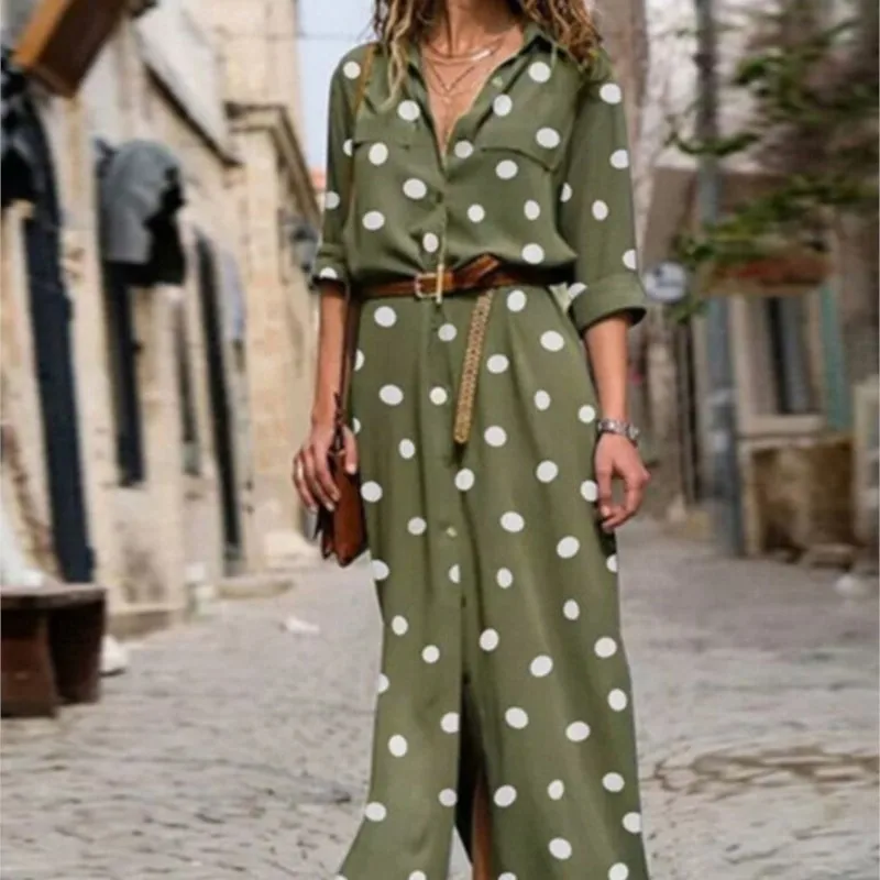 2024 Autumn New Dress Women's Fashion Polka Dot V-neck Printed Shirt Long-sleeved Single-breasted Loose Dress (belt Not Included