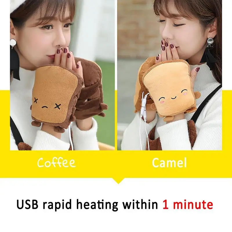 Autumn Winter Gloves Cute Cartoon Panda Toast Shape Gloves USB Warmer Heated Fingerless Hand Warmers New Year Gift