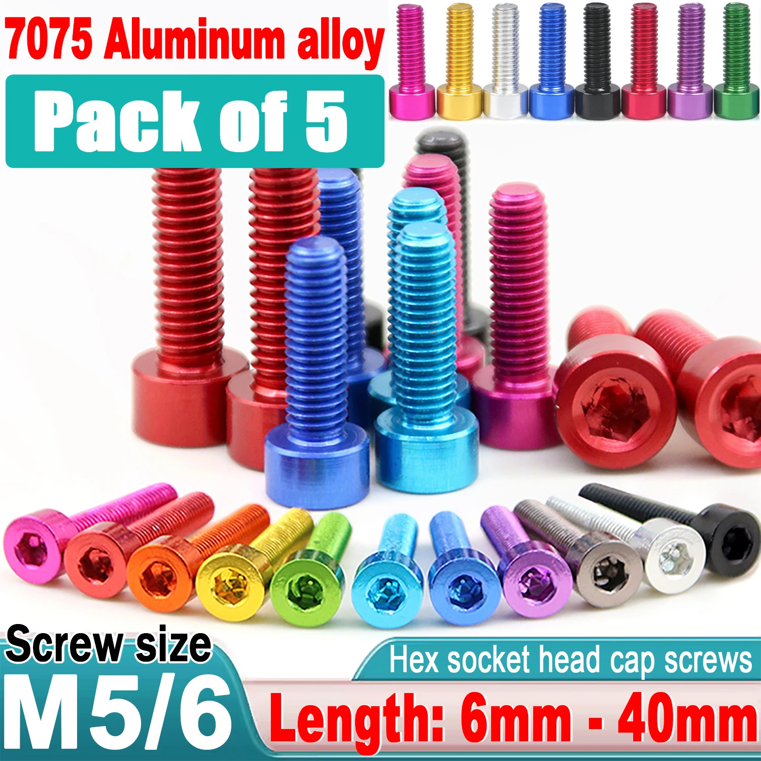 5pcs DIN 912 Aluminum Cap Head Screw M5 M6*6/8/10/12/15/20/25/30/40mm Colourful Aluminum Hex Socket Screw Machine Screw Bolts