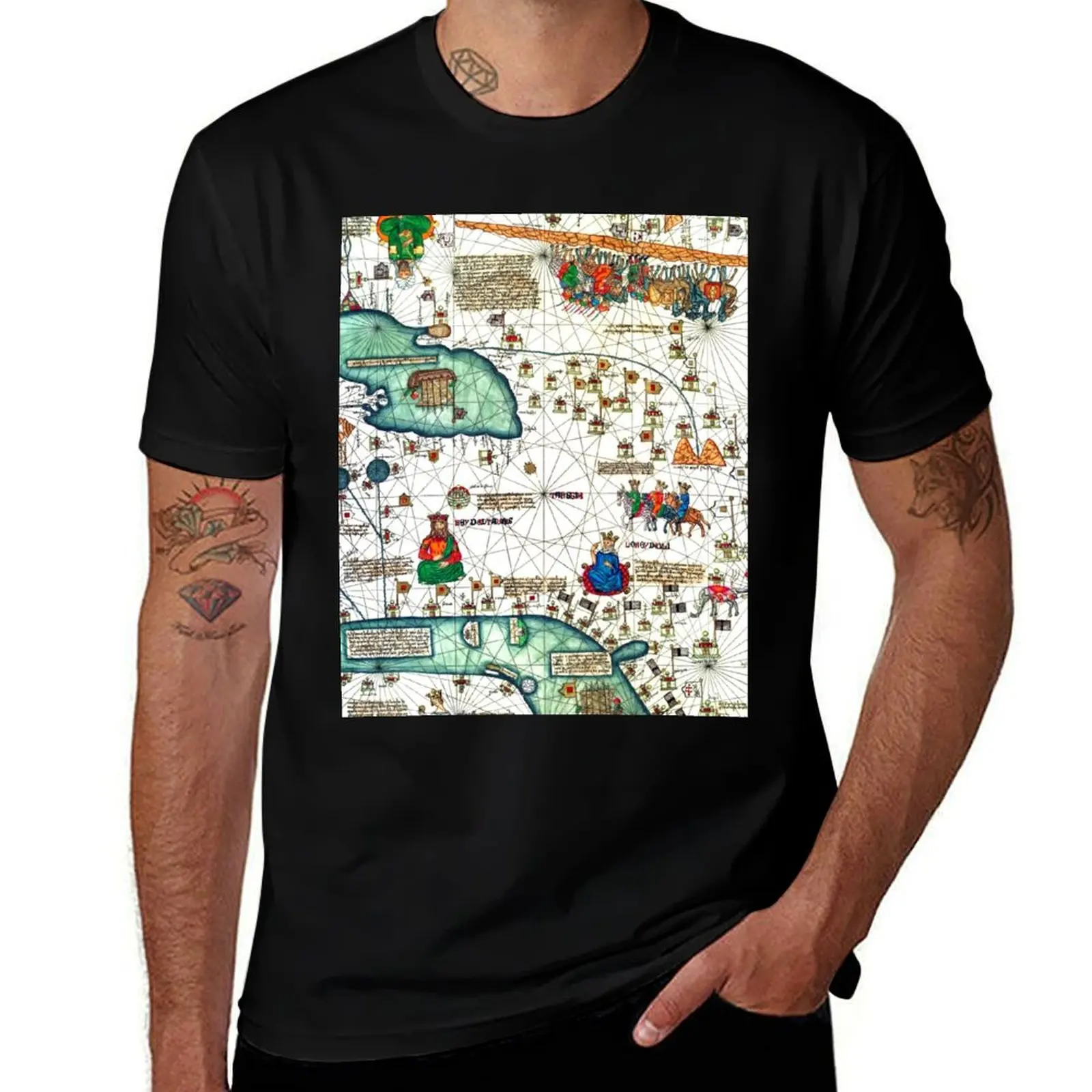 Very old Map Medieval tracks of the world Paper art T-Shirt oversized graphic tee blue archive designer t shirt men