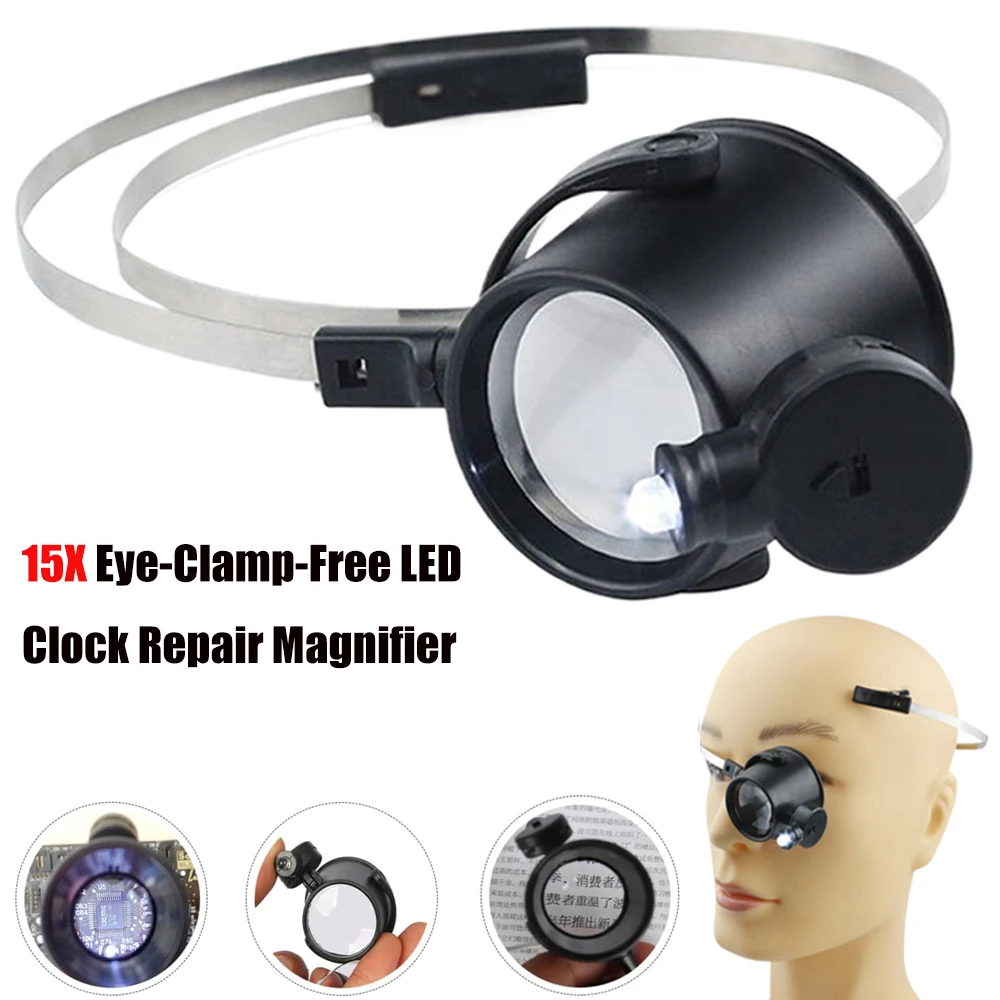 Portable 15X Loupe Lens Headband Magnifying Glass Jeweler Watch Repair Eye Magnifier with LED Eye Loupe Watchmaker Clock Repairs