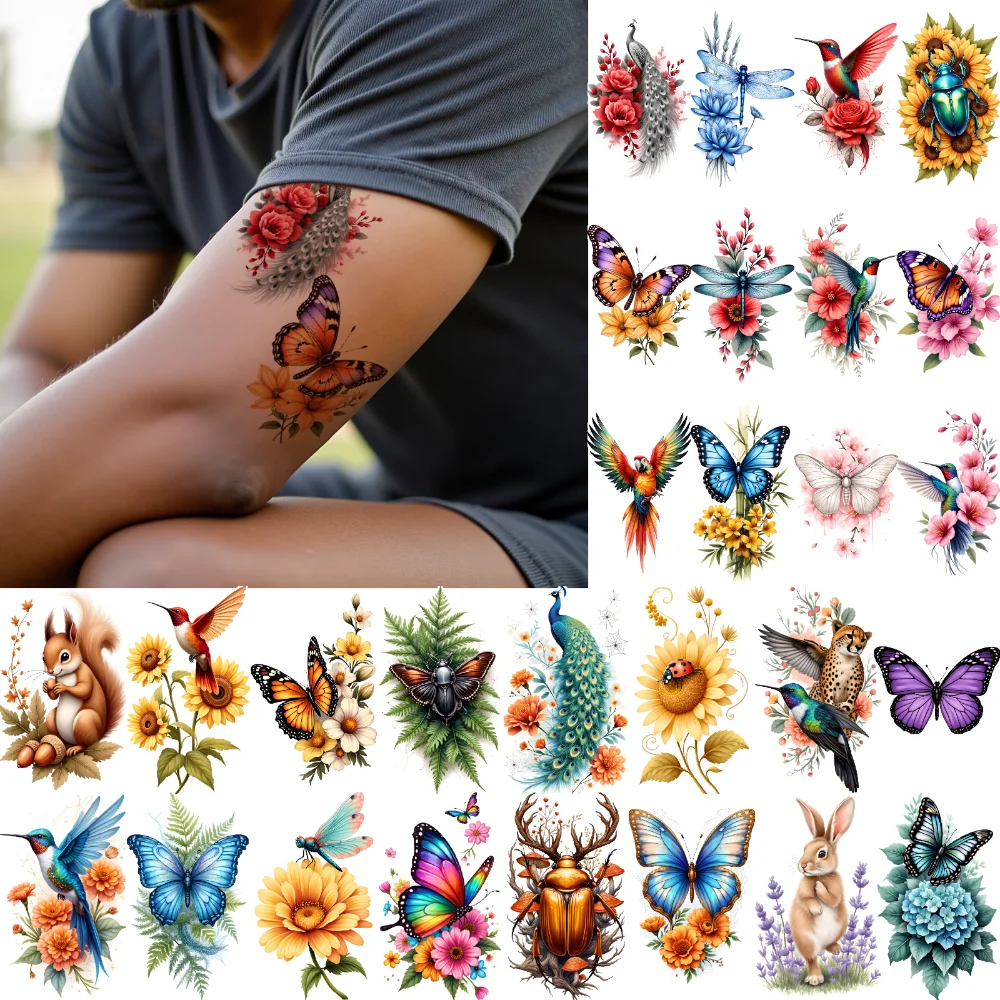 

28pcs Temporary Tattoo Hummingbird And Flowers Colorful Colorful Butterfly Stag Beetle And Flowers Temporary Tattoo Stickers For