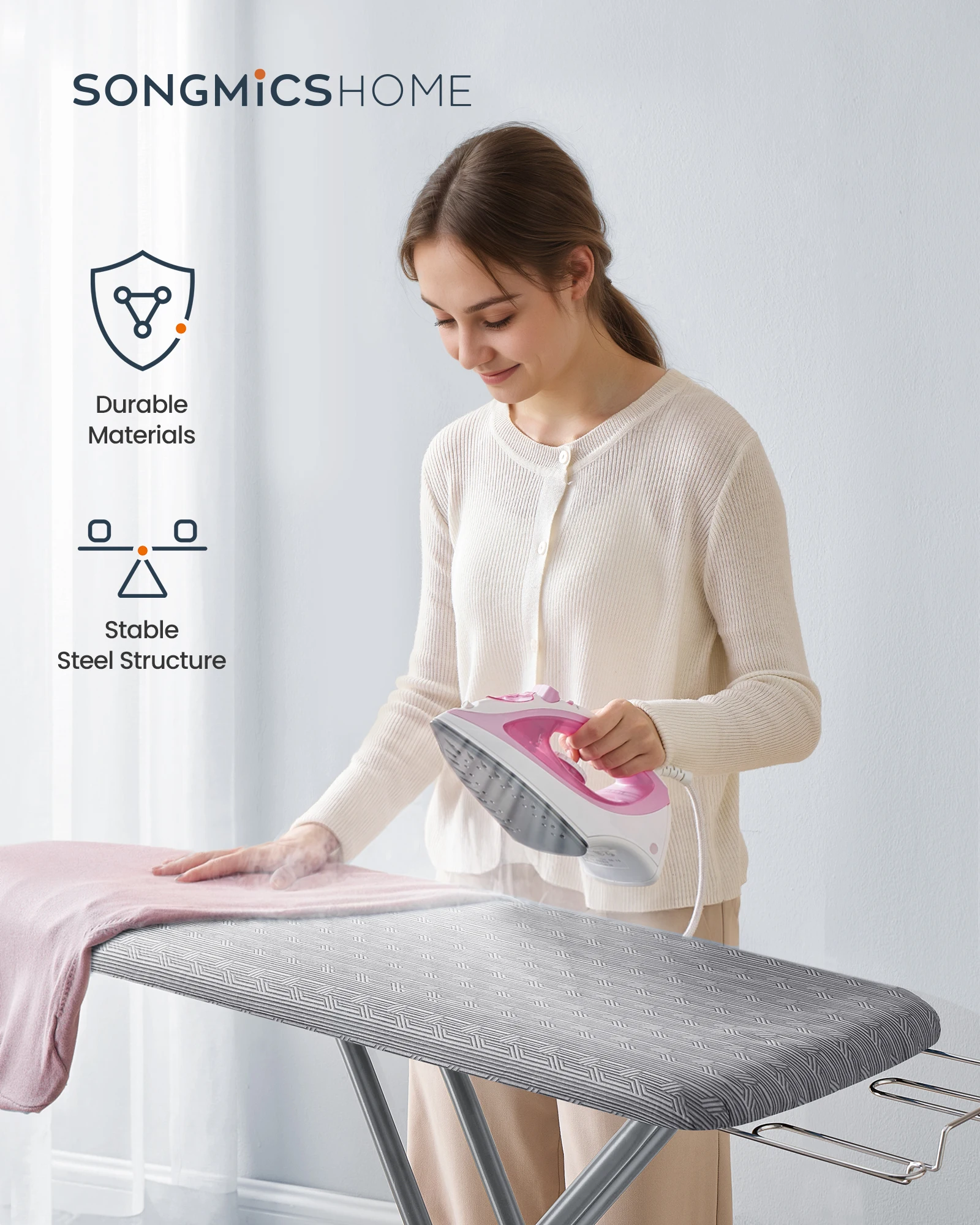 

SONGMICS Ironing Board, Foldable Iron Board, Height Adjustable up to 35 Inches, with 4 Layered Cover and Pad, Iron Rest, Hook, S
