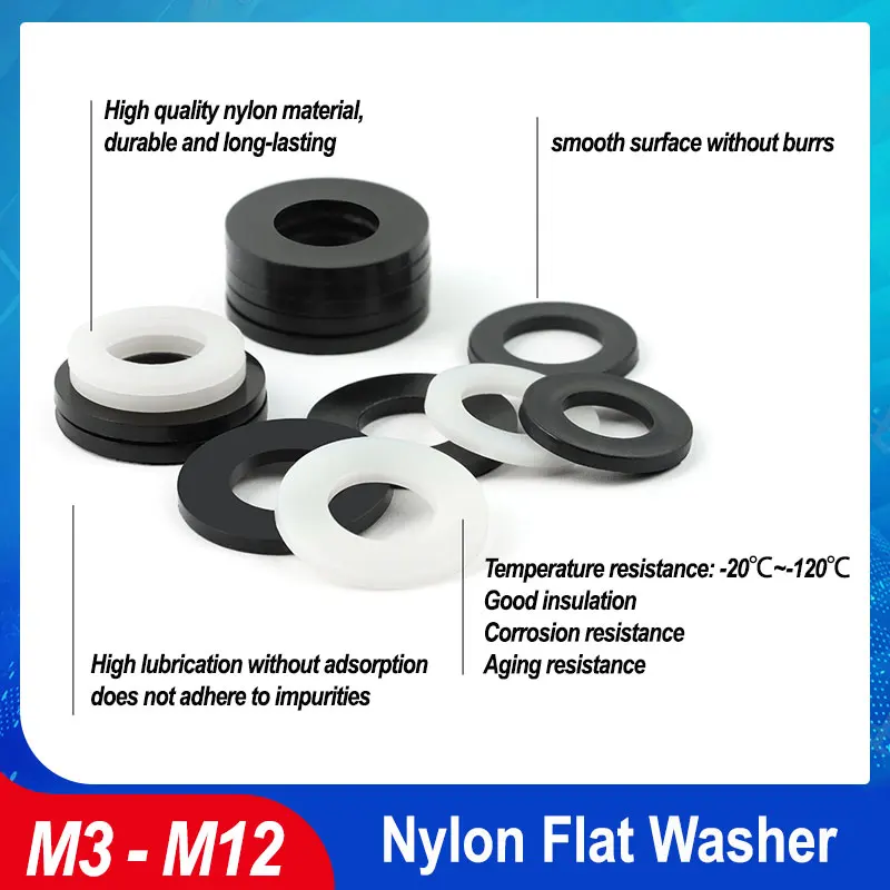

20/50pcs Nylon Flat Screw Washer M3 M4 M5 M6 M8 M10 M12 Plain Round Plastic Seals Spacer Hard Washers Insulation Gasket Ring