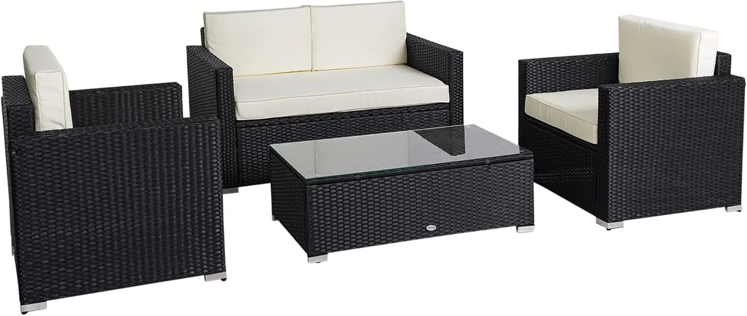 4 Piece Wicker Patio Furniture Set with Cushions, Outdoor Sectional Furniture with 2 Sofa, Loveseat, White