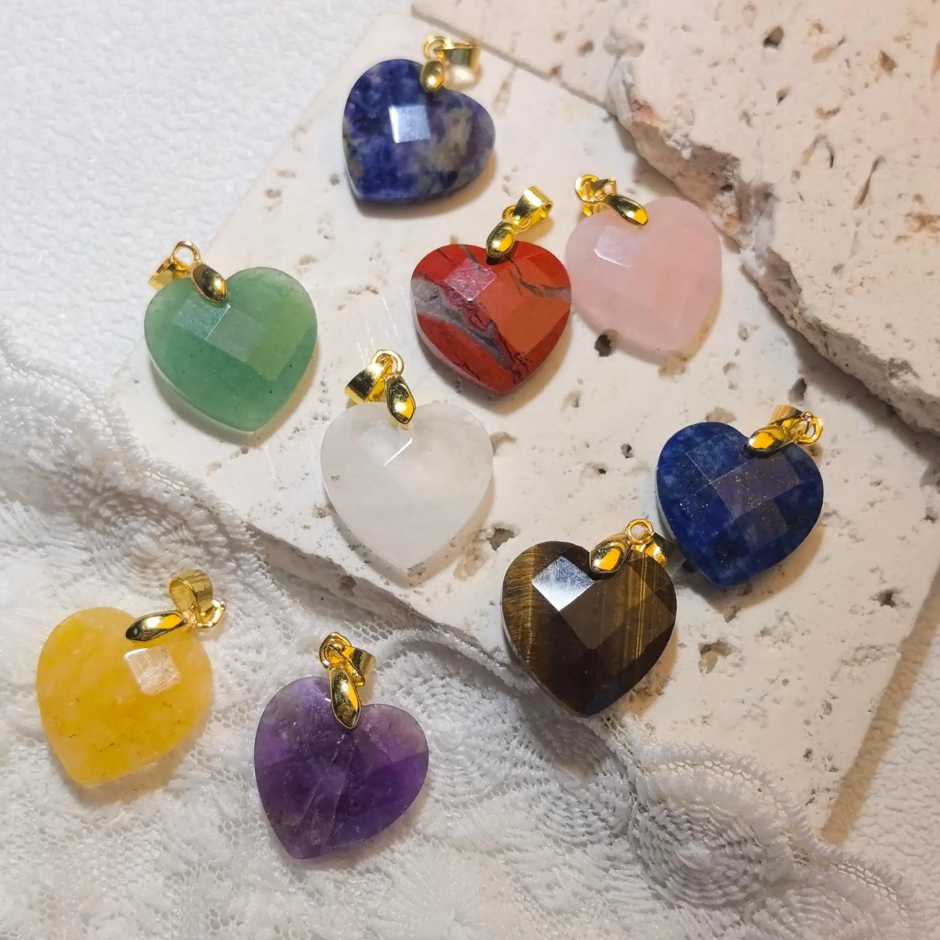 1pc Natural Stone Faceted Heart Pendant Love Heart Charm with Gold Plated Bail for DIY Necklace Jewelry Making Reiki Healing