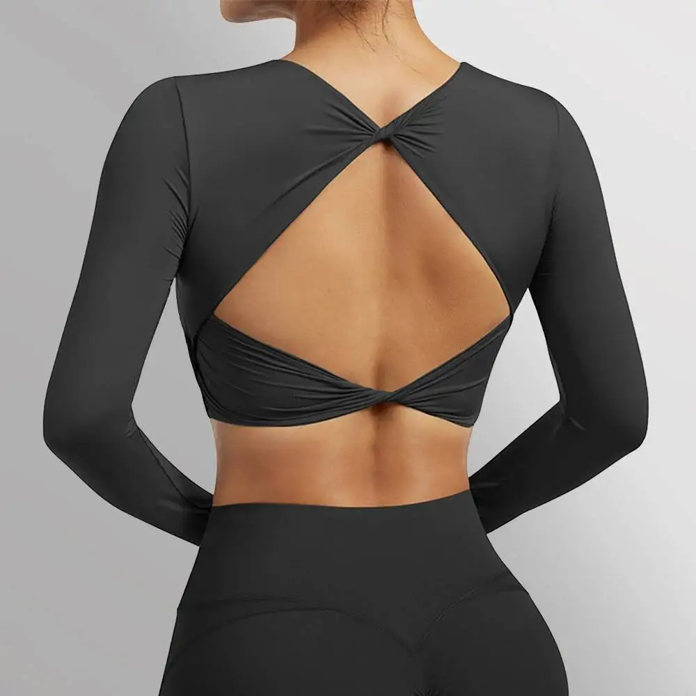 Sports Shirt Top Crop Top Bra Sexy Open Back Gym Plus Size Shockproof Fitness Running Gym Clothing Long Sleeve Yoga Shirts Women