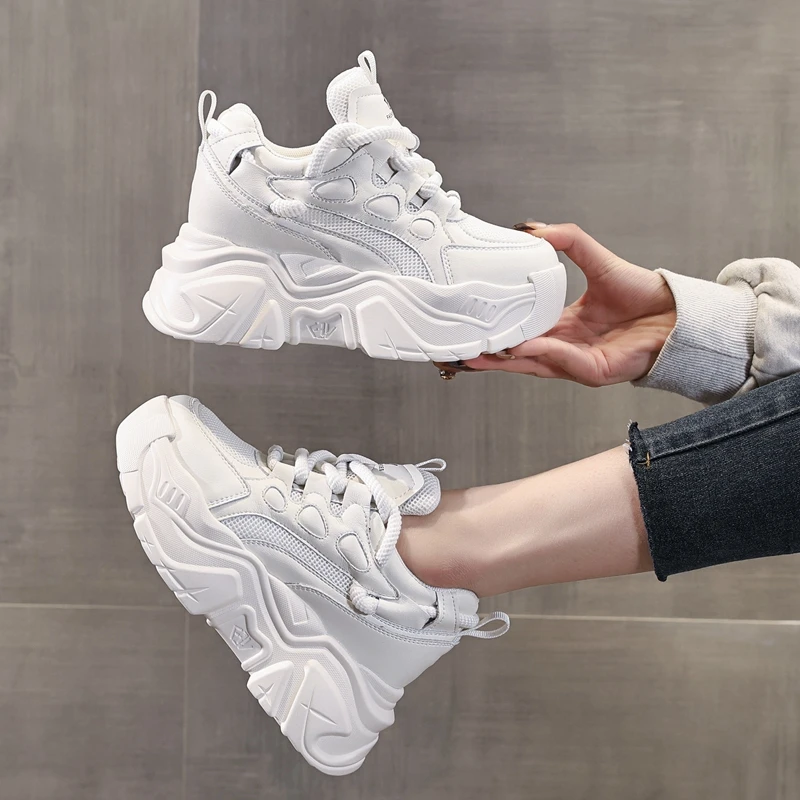 AUTUSPIN 6.5cm łączenie trampki moda damska zwiększona wysokość masywne buty prawdziwej skóry kobieta stylowe uliczne sportowe tenisówki