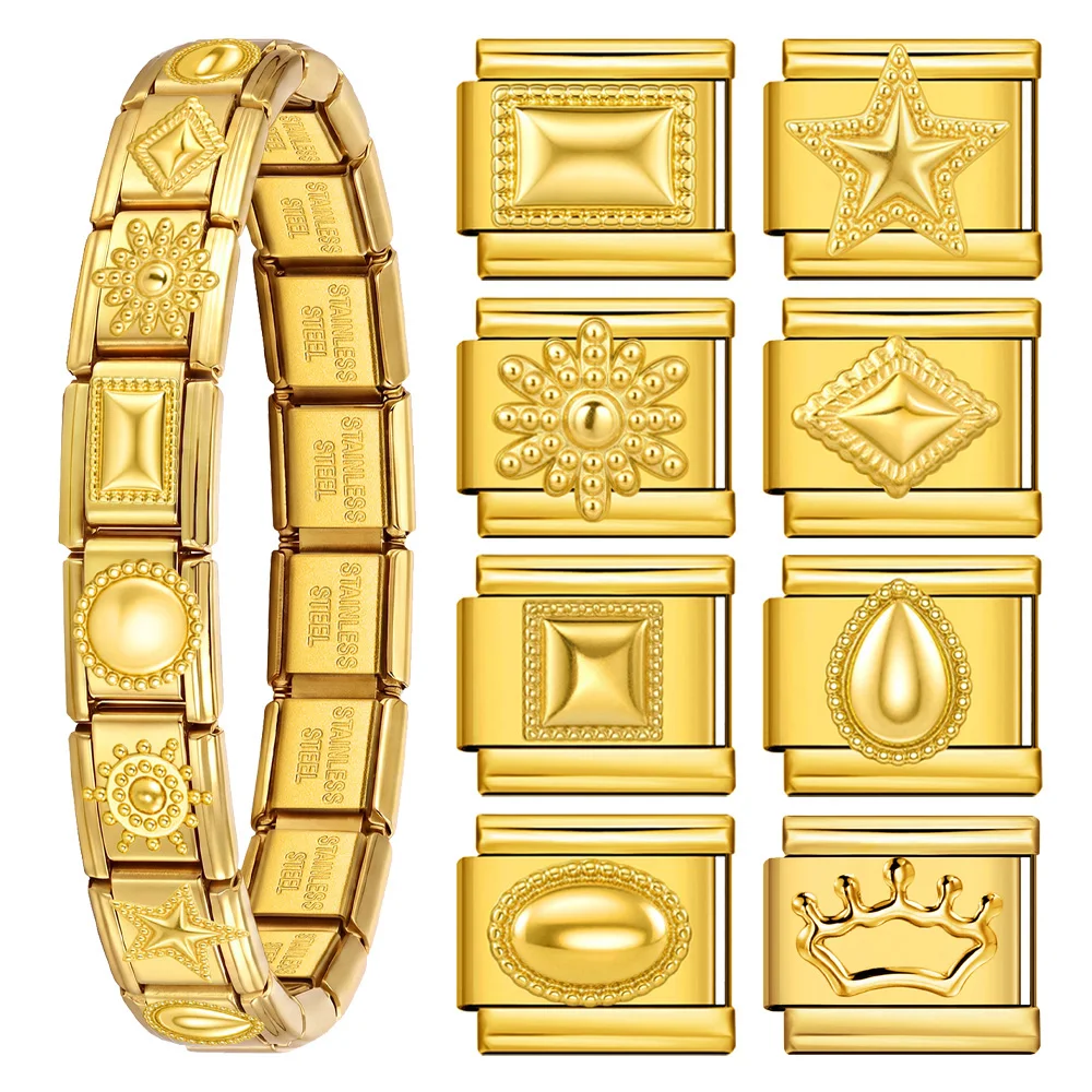 URING Simple Gold Color Retro Geometric Star Italian Charm Link Fit 9mm Bracelet Making DIY Stainless Steel Jewelry Accessories