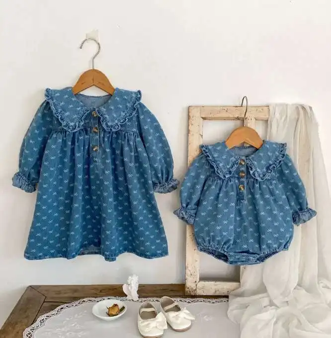 

New Infant Girls Spring Long Sleeve Jean Romper And Dress , Newborn Princess Kids Sweet Party Birthday Clothes 0-4T