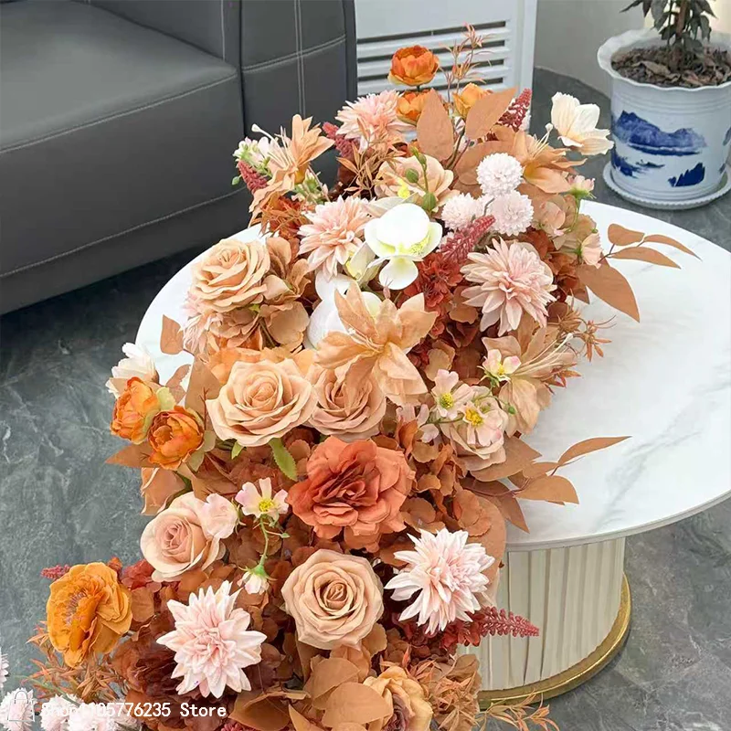 Karamell-Orange Tischläufer Blumenarrangement-Set Hochzeit Boden-Blumenreihe Gangdekoration Künstliche Blumen Event-Hintergrund Deko-Requisite – Detail 2