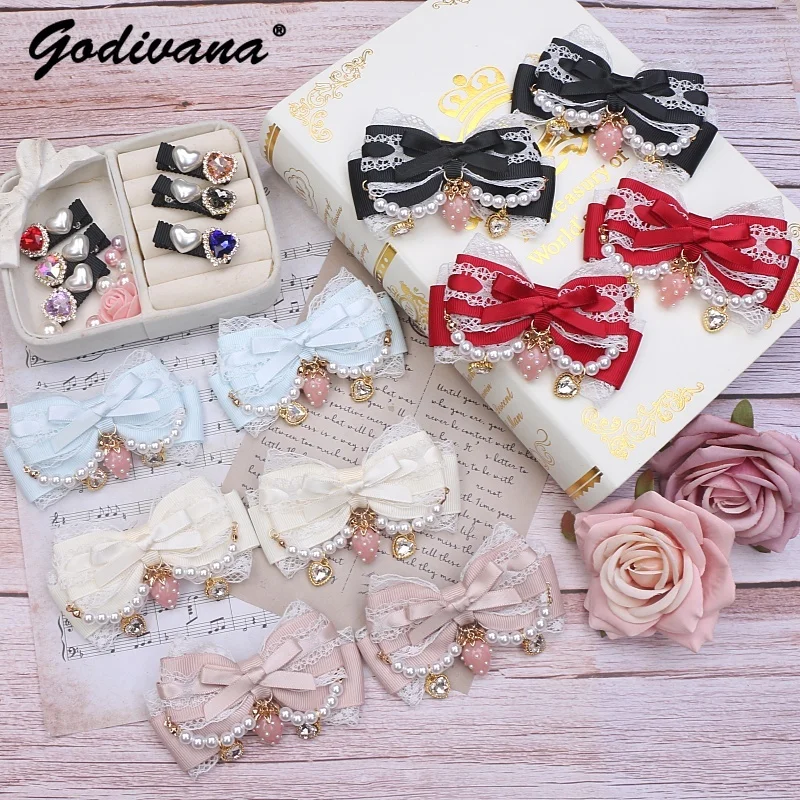 

Handmade Japanese Mine Sweet Cute Lace Beaded Bow Heart Shape Rhinestone Side Barrettes Female Girls Strawberry Hair Clips