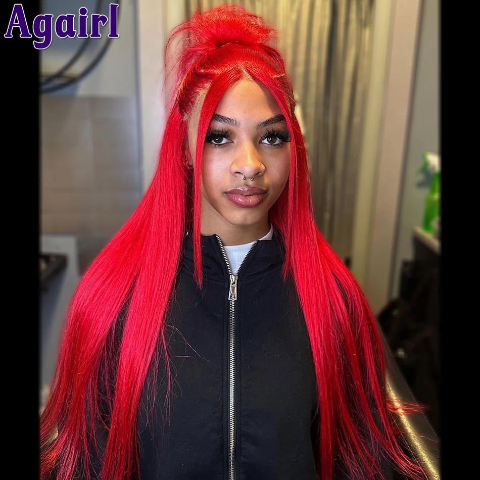 Peruca frontal reta com renda para mulheres, cabelo humano, vermelho-cereja, pré-arrancado, 200% densidade, pronto, 13x6