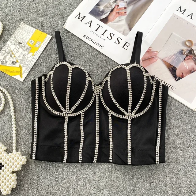 Seksowna kryształ górski koszulka bez ramiączek bez ramiączek, koreańska bezrękawniki elegancka Crop Top typu Basic jesienna damska stanik