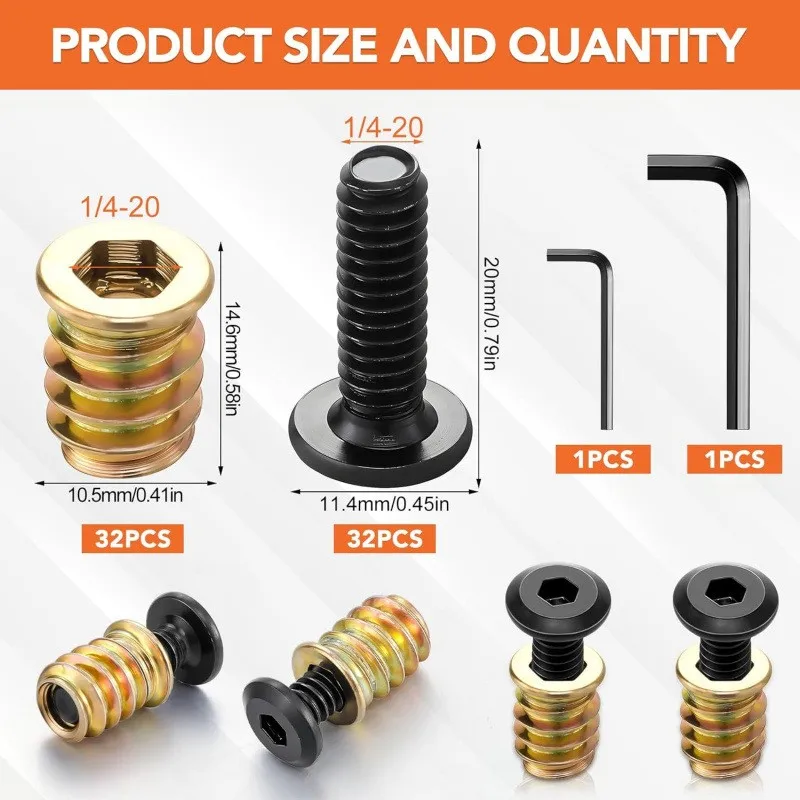 Threaded Nut Inserts and Hexagonal Socket Drivers for Bolts Are Used with Wooden Furniture Screws.