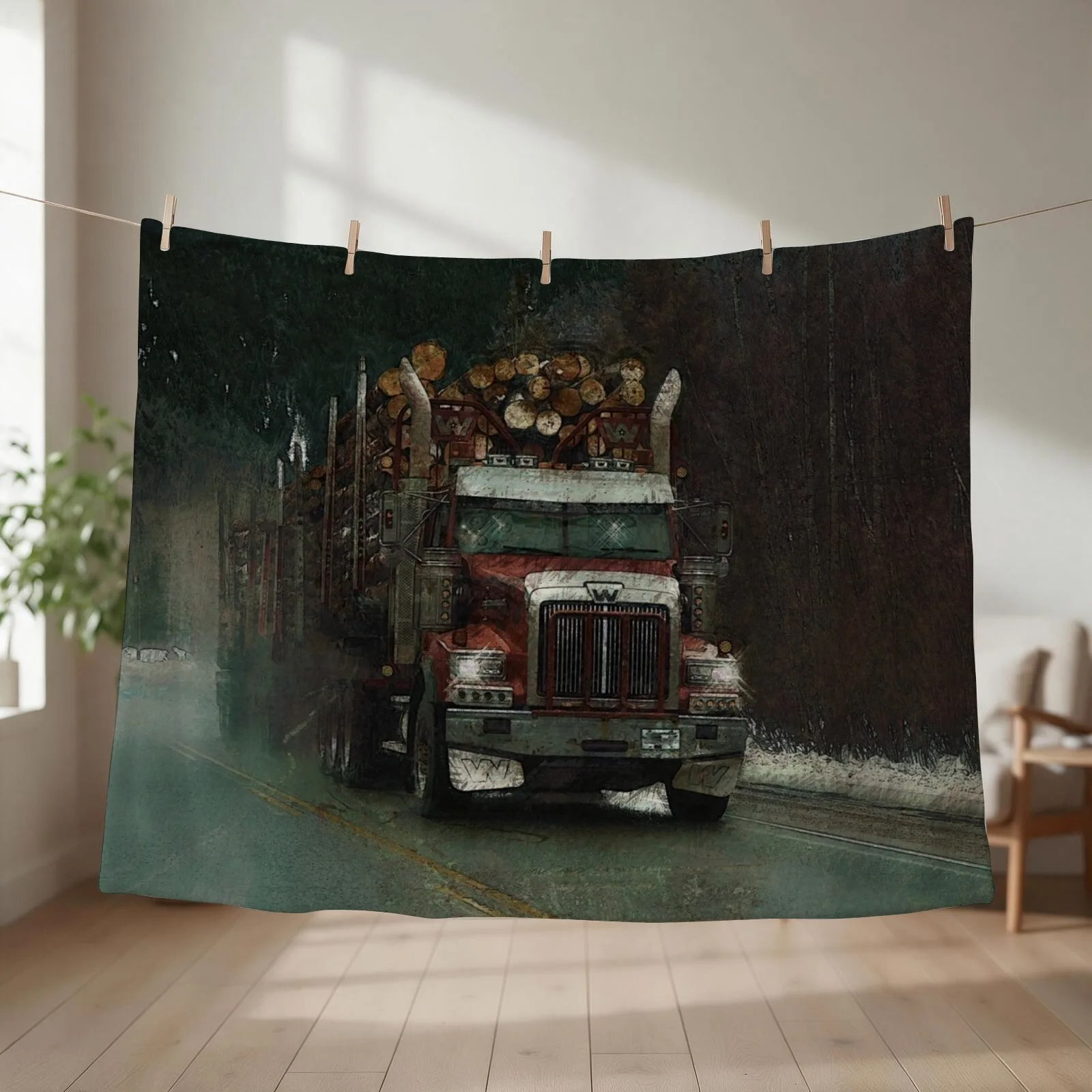 The Trunk Line - Logging Truck Delivery Route Throw Blanket couch cozy soft plush fuzzy picnic outdoor blanket