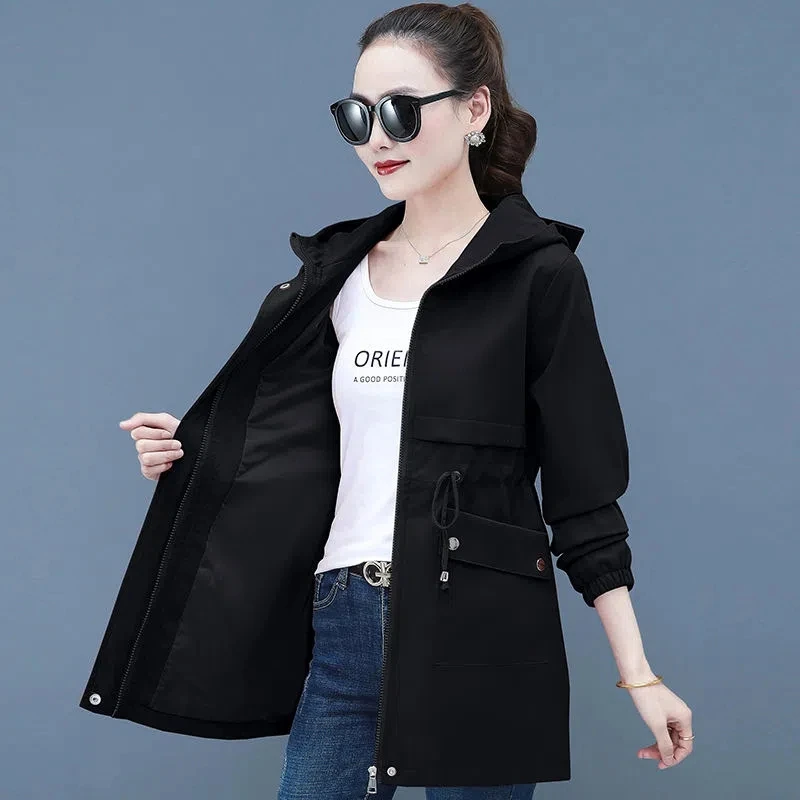 Lining Windbreak 2022 New Spring Autumn Female Jacket Slim Women Basic Coats Mid-Long Casual Tops Hooded Black Zipper vintage