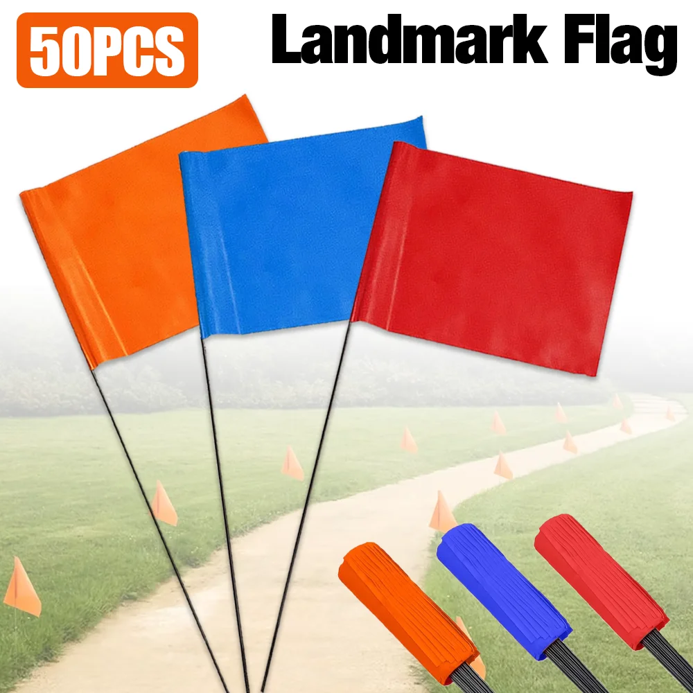 50 banderines marcadores, disponibles en naranja, rojo y azul. Altamente visibles, reutilizables e ideales para el diseño de obras, posicionamiento de rutas, paisajismo, adiestramiento de mascotas, etc.