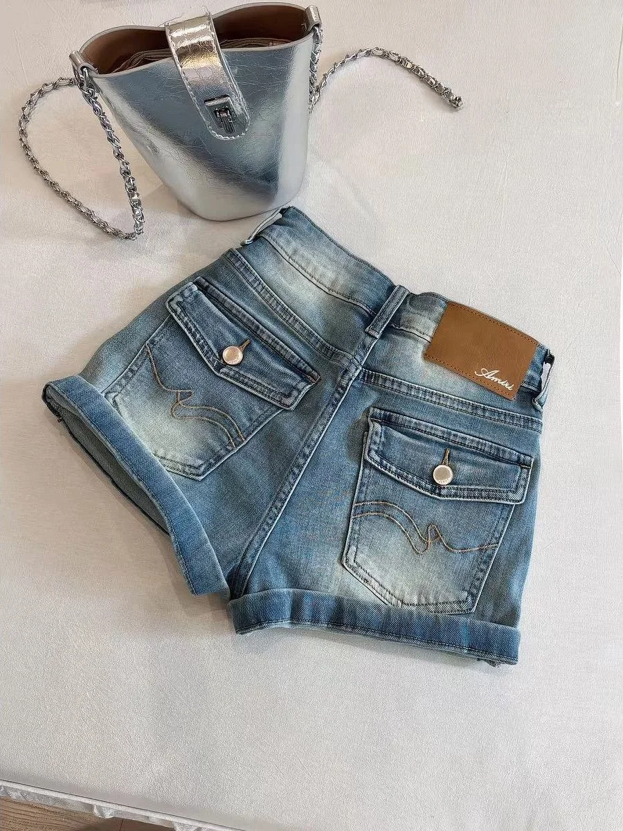 Sweet Cool Spicy Women's High Waist Denim Shorts Summer Slimming A-Line Hot Pants Trendy Resin Color Fastening Soft Denim