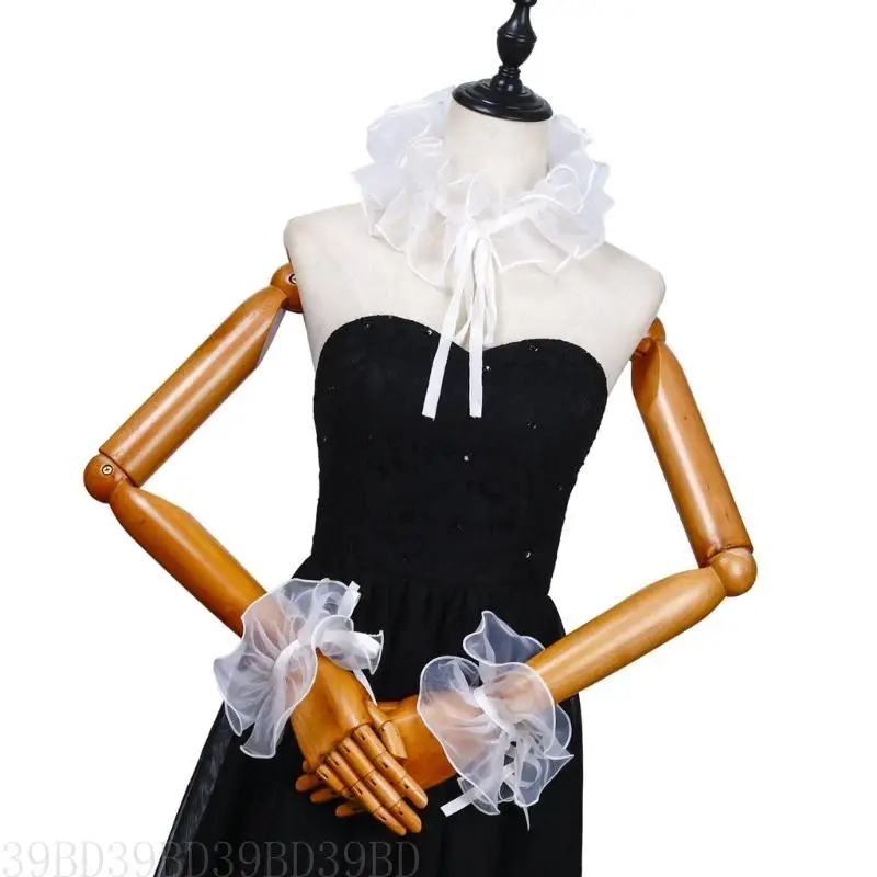 

39BD Classical Organza White Ruffled False Collar and Cuffs for Renaissances Dress Up