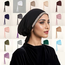 Shiny Rhinestone Hijab Muslim Inner Hijab Elastic Women Plain Solid Color Turban Undercaps Premium Soft Jersey Hijab Headband