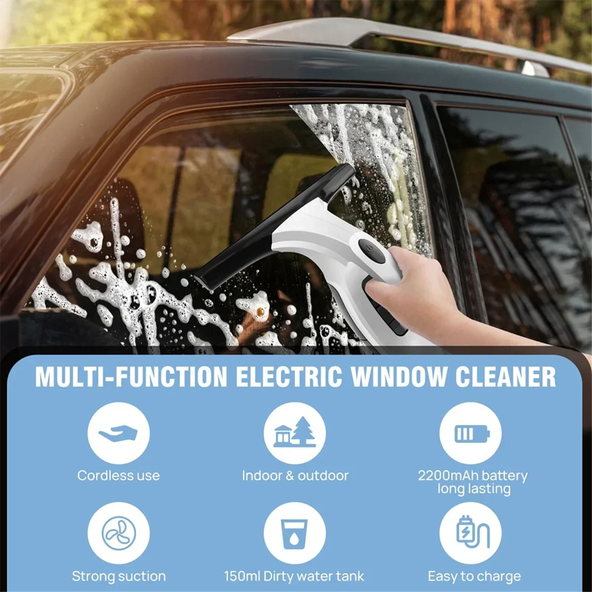 Rechargeable Cordless Window Vacuum Cleaner with Squeegee 150ml Water Tank for Glass Mirror Shower Tile Cleaning Home Car Use