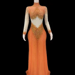 Sparkly Rhinestones Long Sleeves Mesh Transparent Dress Birthday Celebrate Gown Outfit Women Sexy Evening Prom Party Dress