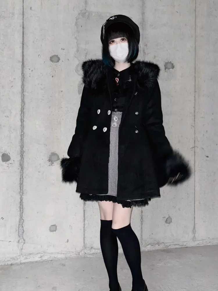 Płaszcz z kokardą, pluszowy, dopasowany, damski, w stylu koreańskim, ciepły, uroczy płaszcz, jesienno-zimowy, japoński, kawaii, lolita, wełniany, słodki.