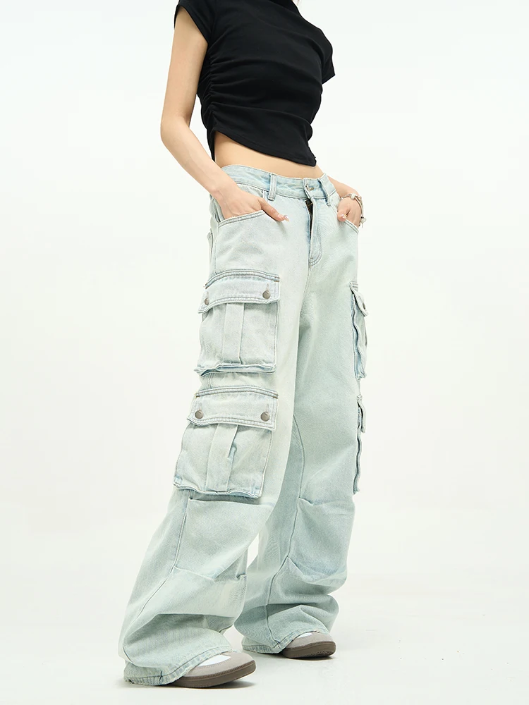 

WLNEXT Men's Retro Blue Jeans with Multiple Pockets Wide Leg Workwear Trousers for Couples Casual Comfortable Breathable