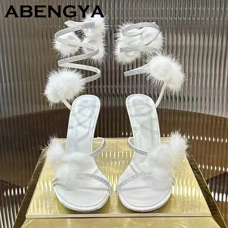 New Thin High Heels Fur Sandals Women Fashion Open Toe Snake Ankle Wrap Rome Sandals Sexy Party Wedding Crystal Sandals Femme