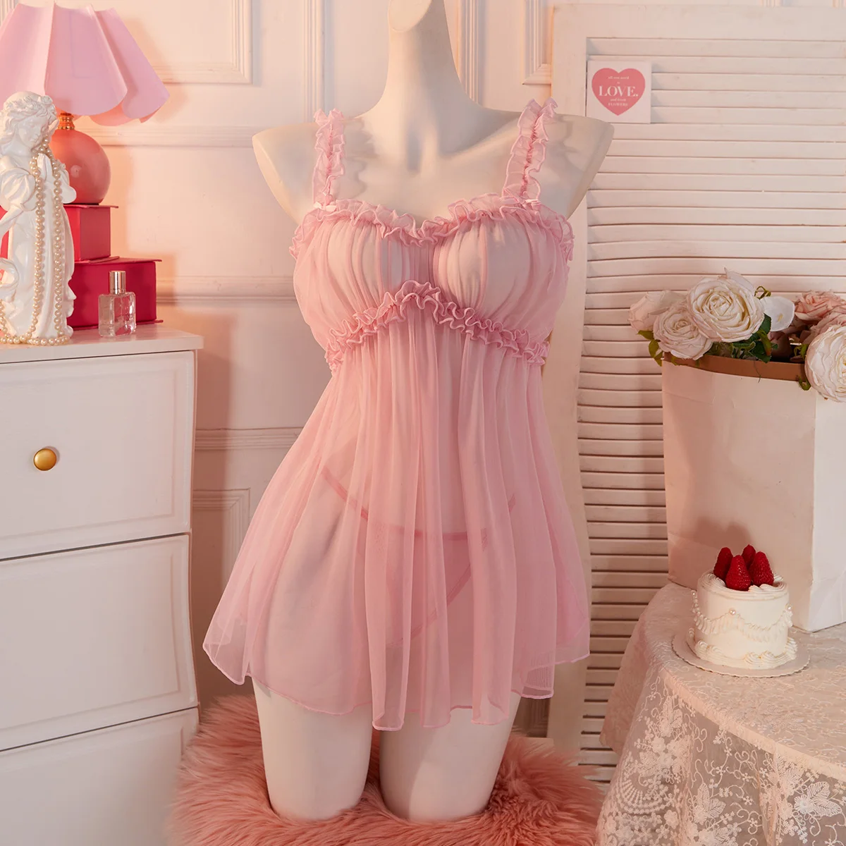 

Hot Selling Adult Women's Sleeveless See Through Fashion Cute And Sweet Style Beautiful Pink Dress Sexy Lingerie Nightgown Set